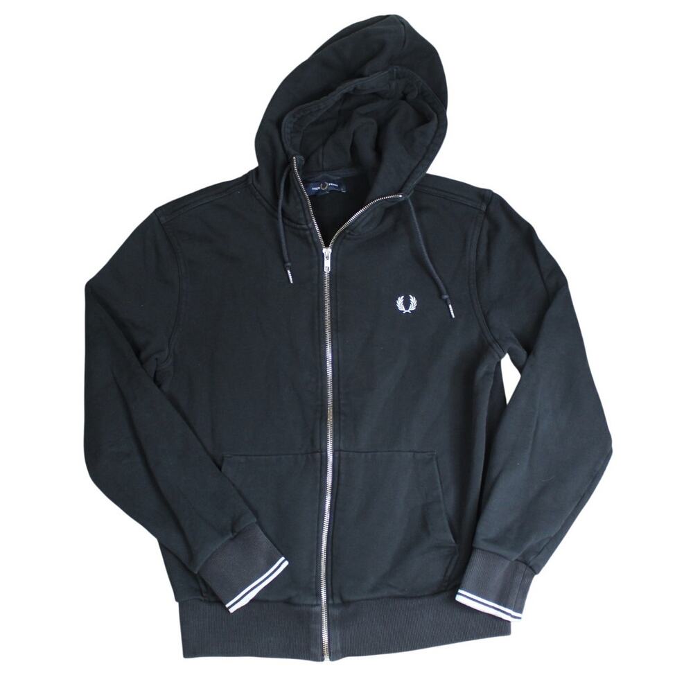 Fred Perry Hoodie Mens Medium Black Full Zip Jacket Casual Preppy Minimalist
